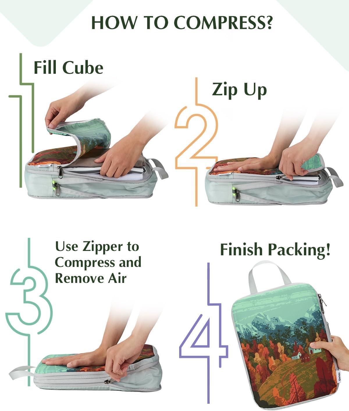 image:imageGonex Compression Packing Cubes 4pcs Expandable Storage Travel Luggage Bags Organizers Travel Cubes for Suitcase Carry On Coconut PalmSeasons