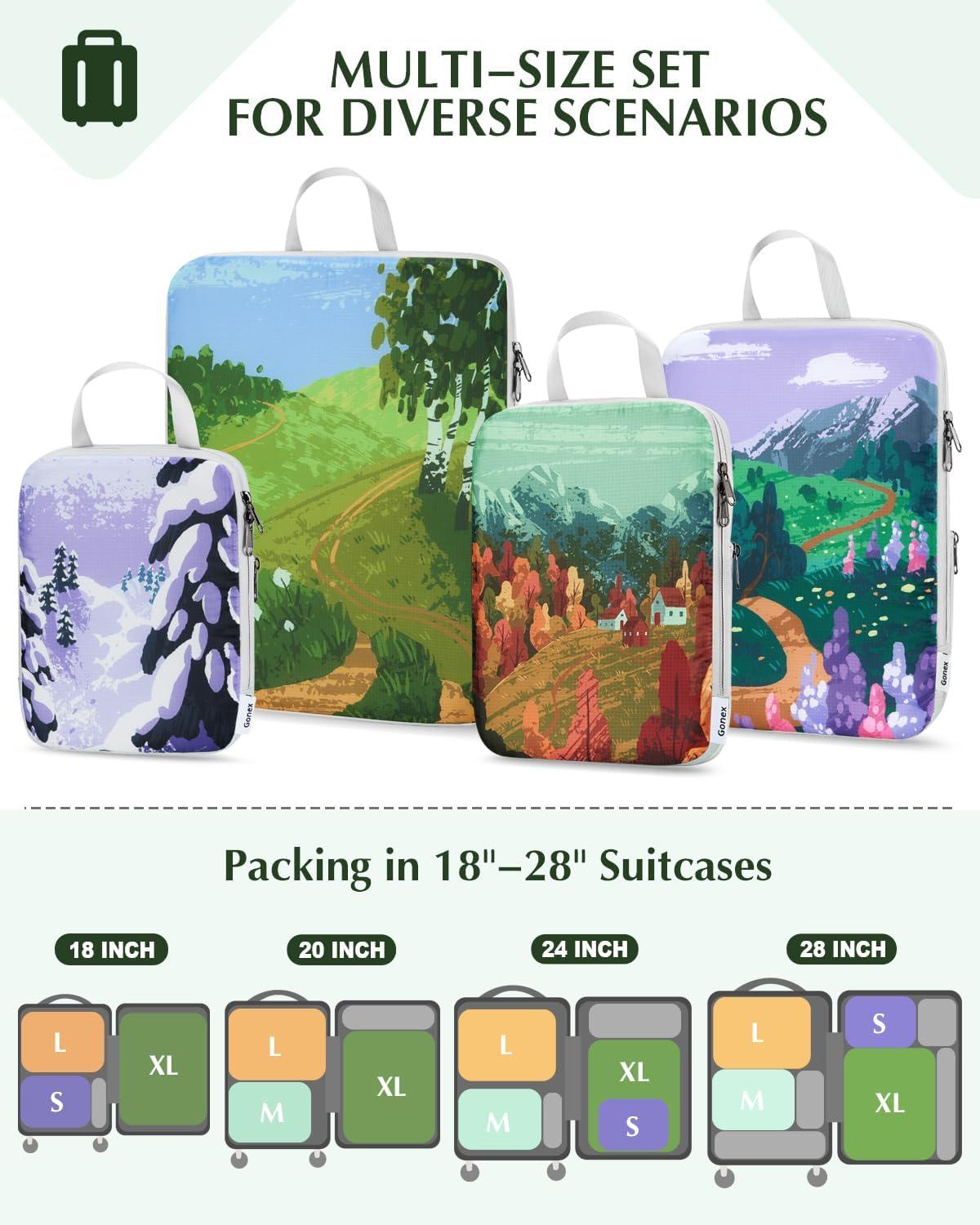 image:imageGonex Compression Packing Cubes 4pcs Expandable Storage Travel Luggage Bags Organizers Travel Cubes for Suitcase Carry On Coconut PalmSeasons