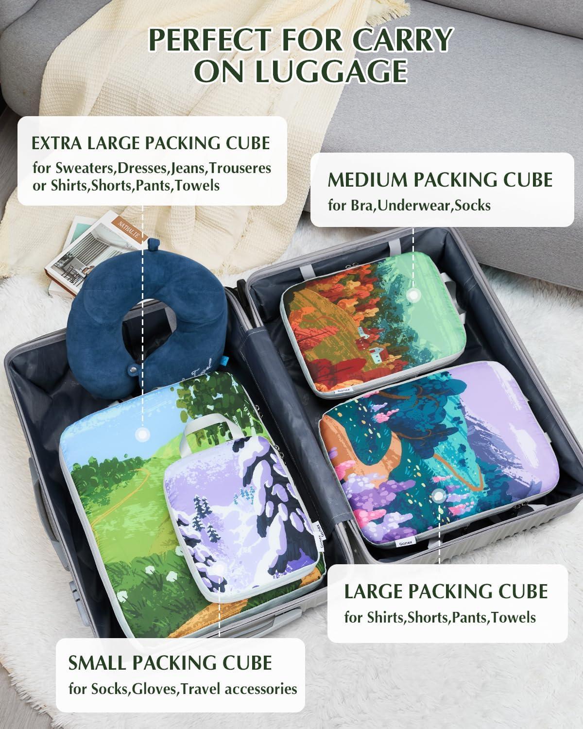 image:imageGonex Compression Packing Cubes 4pcs Expandable Storage Travel Luggage Bags Organizers Travel Cubes for Suitcase Carry On Coconut PalmSeasons