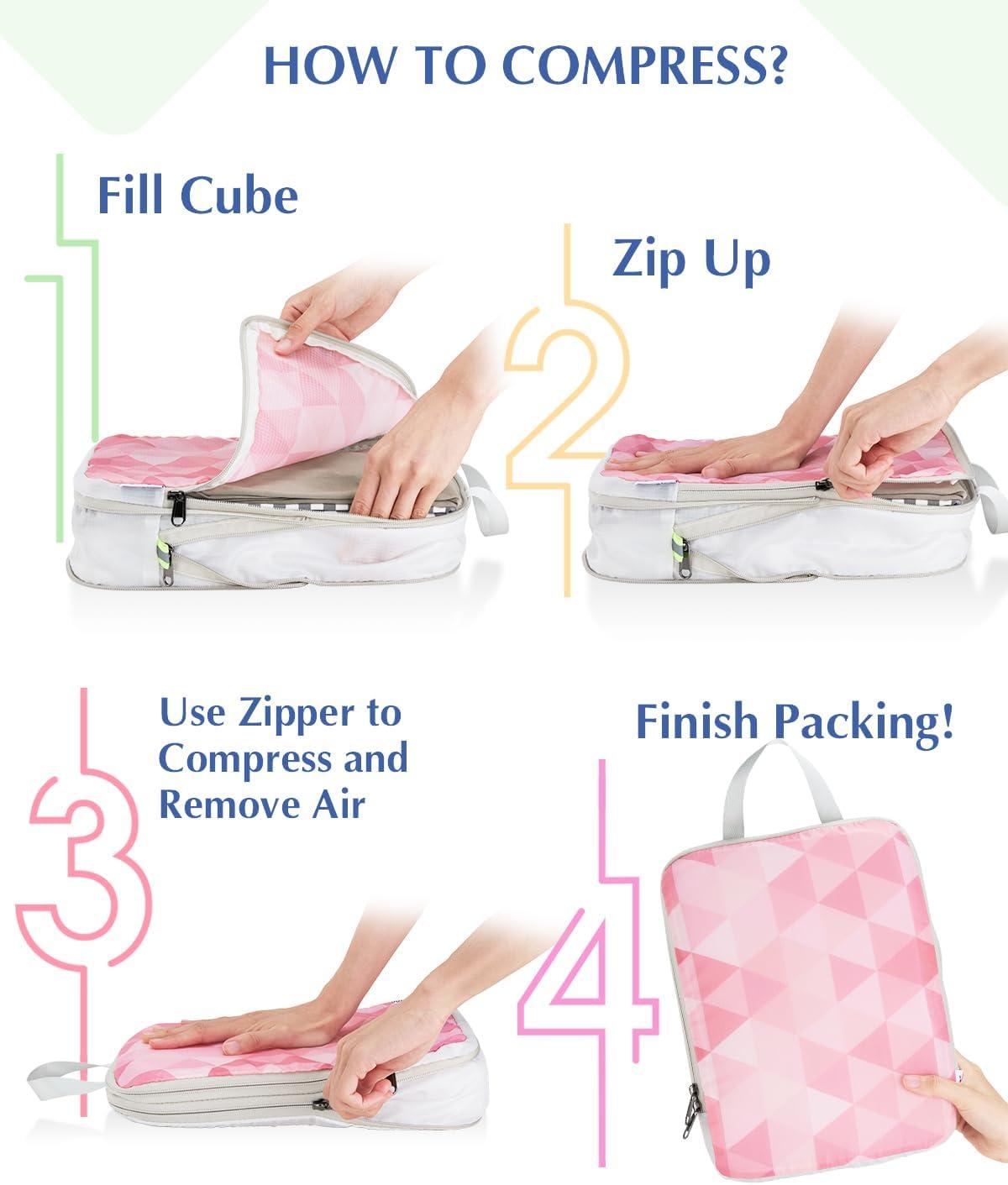 image:imageGonex Compression Packing Cubes 4pcs Expandable Storage Travel Luggage Bags Organizers Travel Cubes for Suitcase Carry On Coconut PalmTriangle