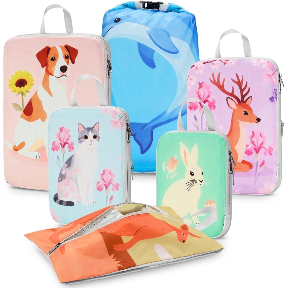 image:imageGonex Compression Packing Cubes 4pcs Expandable Storage Travel Luggage Bags Organizers Travel Cubes for Suitcase Carry On Coconut Palm6PCS Animals