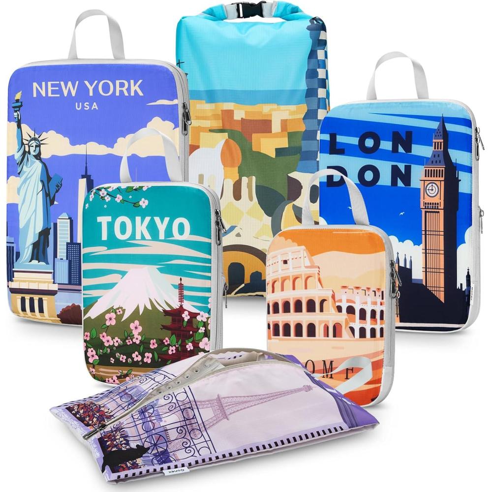 image:imageGonex Compression Packing Cubes 4pcs Expandable Storage Travel Luggage Bags Organizers Travel Cubes for Suitcase Carry On Coconut Palm6PCS Urban Landscape
