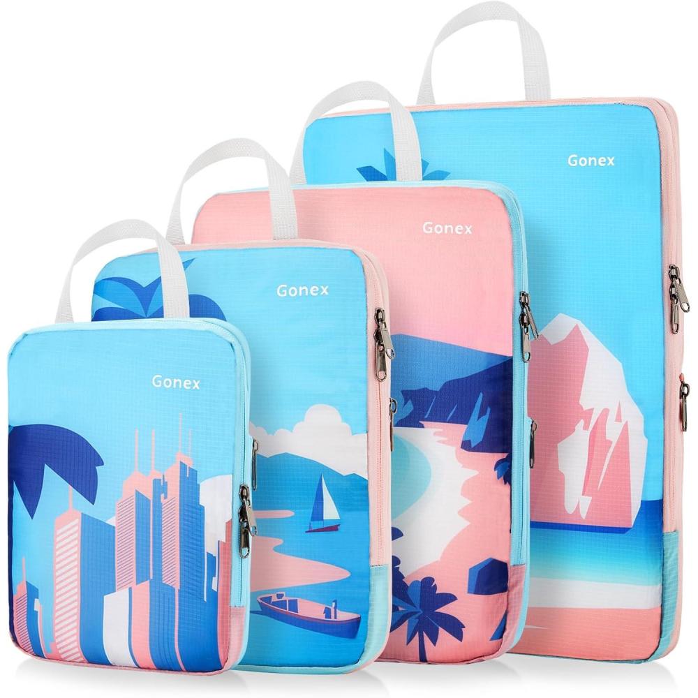 image:imageGonex Compression Packing Cubes 4pcs Expandable Storage Travel Luggage Bags Organizers Travel Cubes for Suitcase Carry On Coconut PalmCoconut Palm