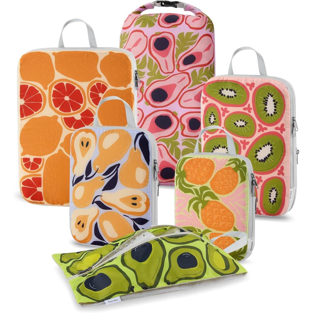 image:imageGonex Compression Packing Cubes 4pcs Expandable Storage Travel Luggage Bags Organizers Travel Cubes for Suitcase Carry On Coconut PalmFruit