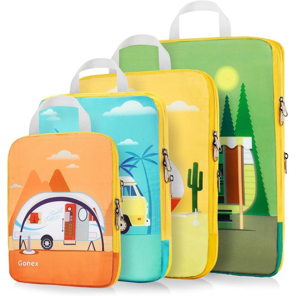 image:imageGonex Compression Packing Cubes 4pcs Expandable Storage Travel Luggage Bags Organizers Travel Cubes for Suitcase Carry On Coconut PalmRV