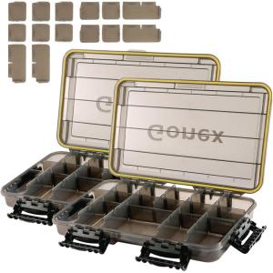 Gonex 3600 Tackle Trays 2 Packs, Sun Protection Waterproof Tackle Boxes for Fishing, Tea-Colored Clear Thicker Floating Airtight Tackle Box Organizers with DIY Dividers for Storage of Lures Hooks etc.(2pcs 3700(14×8.7×2.2inch))