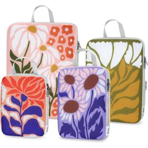 Gonex Compression Packing Cubes, 4pcs Expandable Storage Travel Luggage Bags Organizers, Travel Cubes for Suitcase Carry On (Coconut Palm)(Flowers)