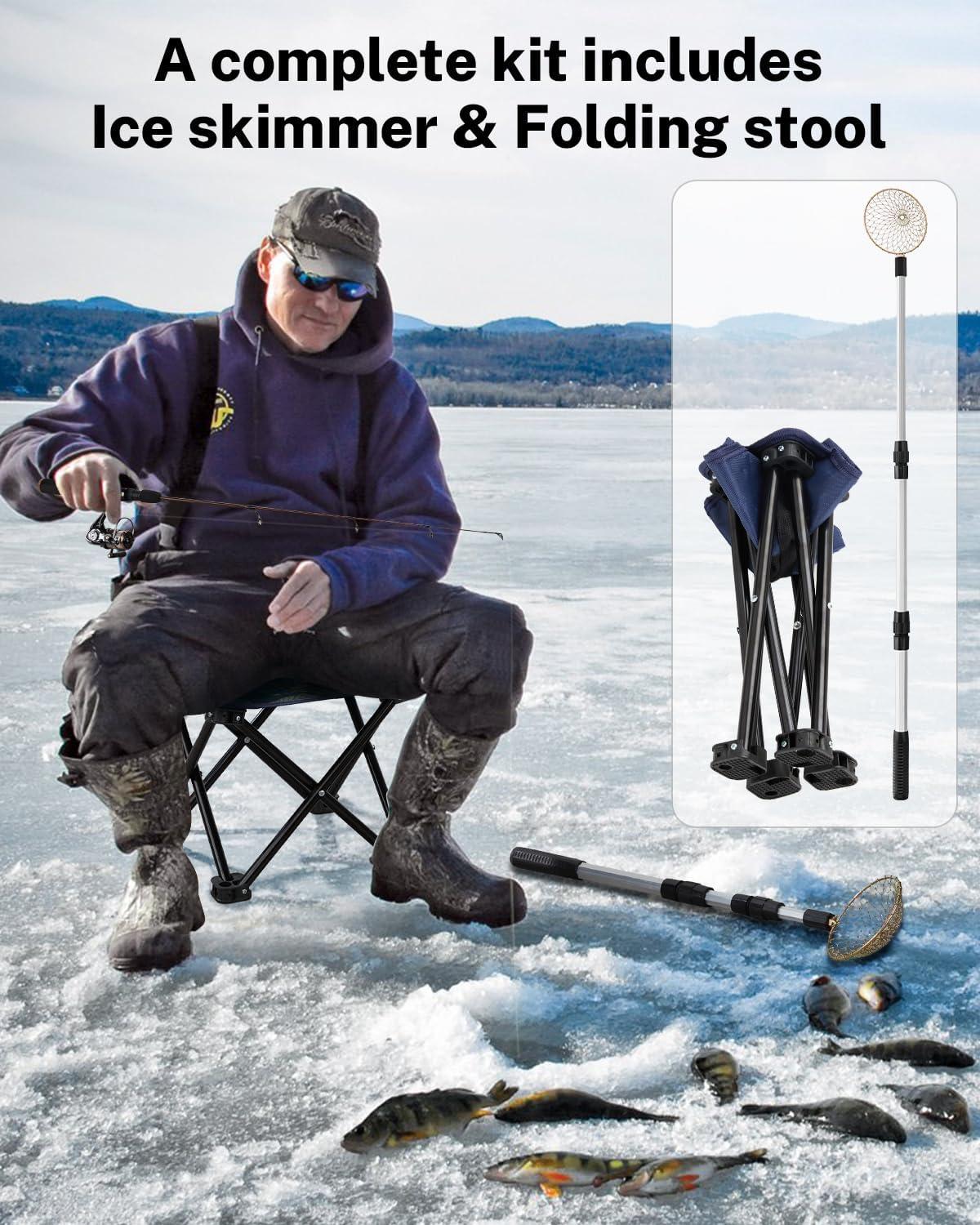 image:imageGonex Ice Fishing Rod Reel Combo Medium Light Carbon Fiber Fiberglass Portable Complete Kit Include Skimmer Spare Rod Spinning Ice Fishing Reel Ice Jig Folding Stool for Winter Fishing28in Medium Light