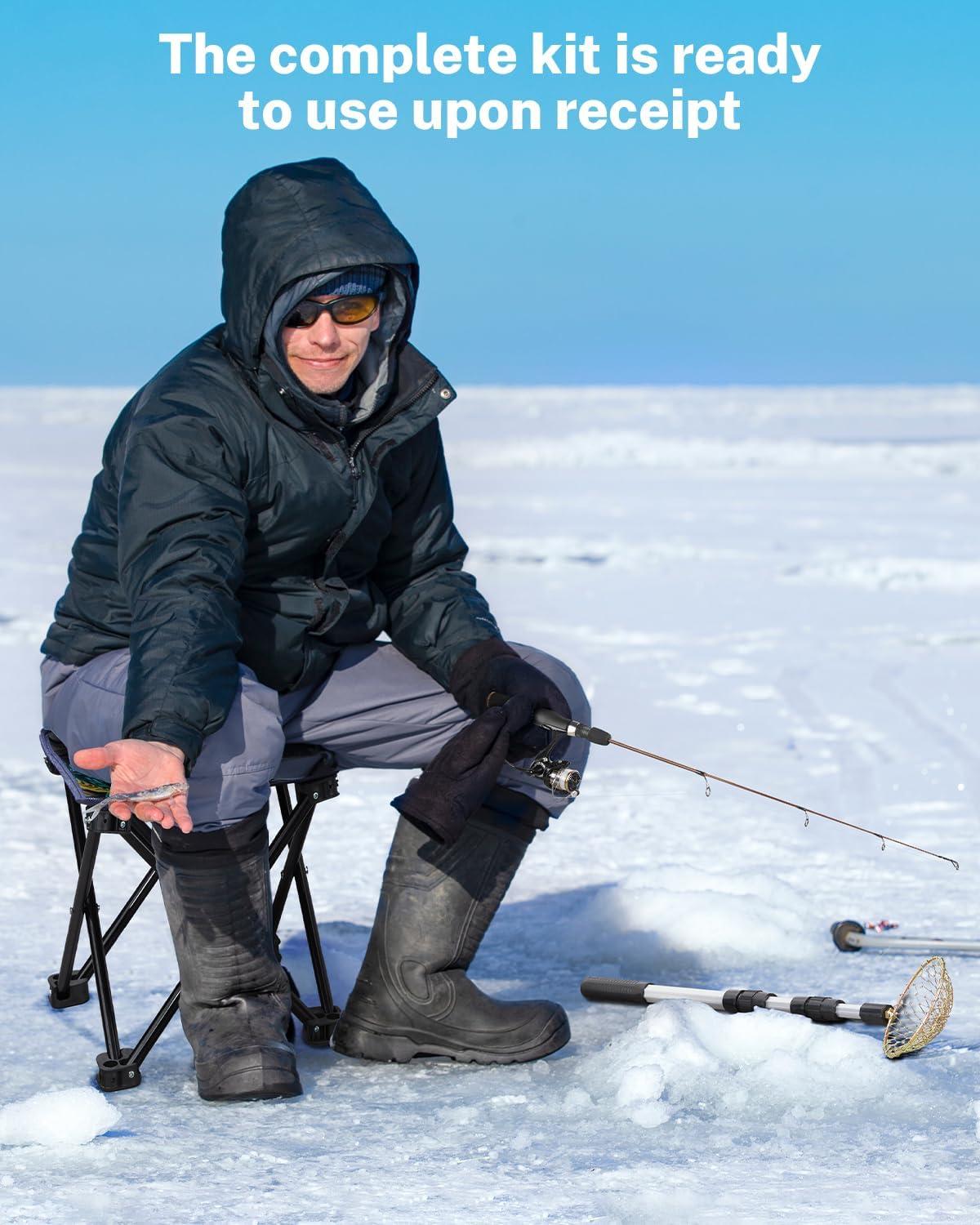 image:imageGonex Ice Fishing Rod Reel Combo Medium Light Carbon Fiber Fiberglass Portable Complete Kit Include Skimmer Spare Rod Spinning Ice Fishing Reel Ice Jig Folding Stool for Winter Fishing28in Medium Light