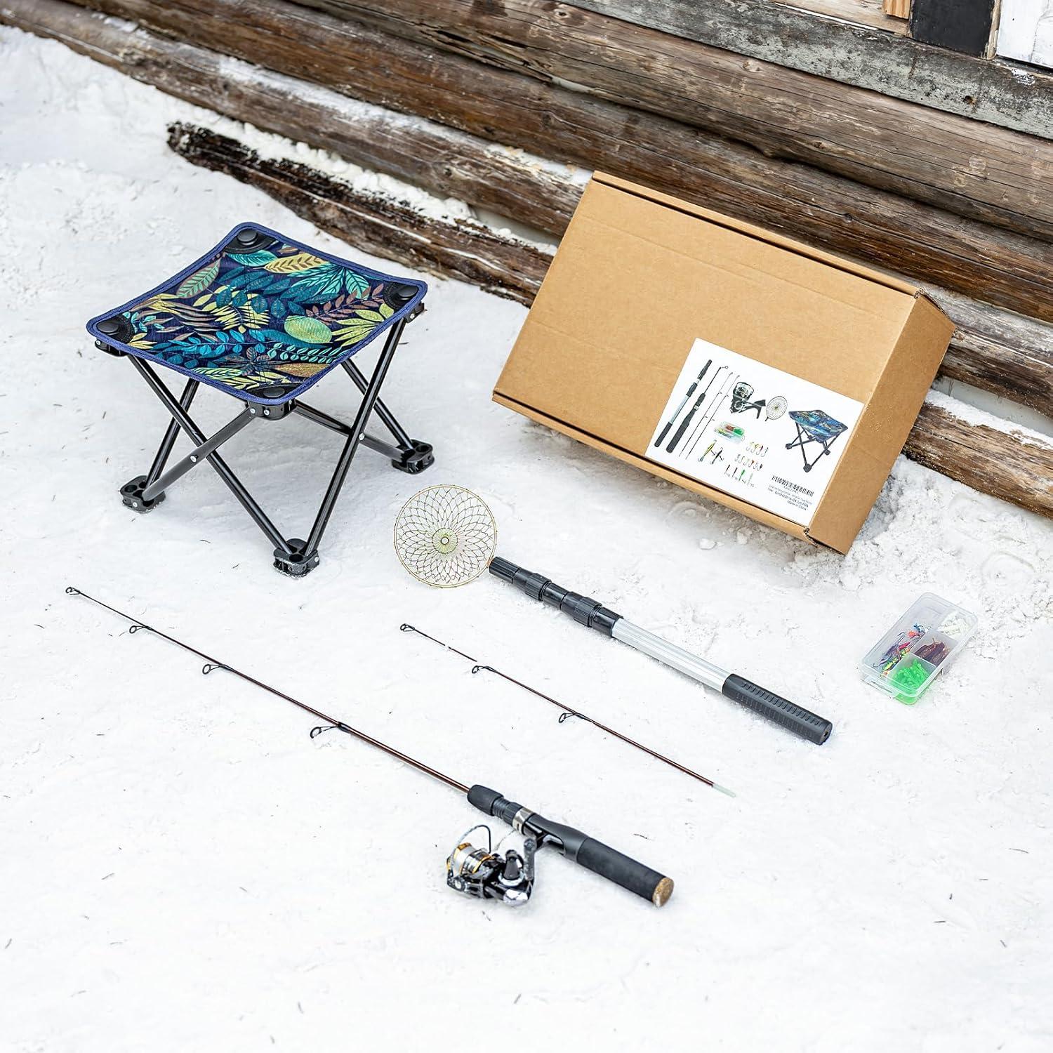 image:imageGonex Ice Fishing Rod Reel Combo Medium Light Carbon Fiber Fiberglass Portable Complete Kit Include Skimmer Spare Rod Spinning Ice Fishing Reel Ice Jig Folding Stool for Winter Fishing30in Medium Light