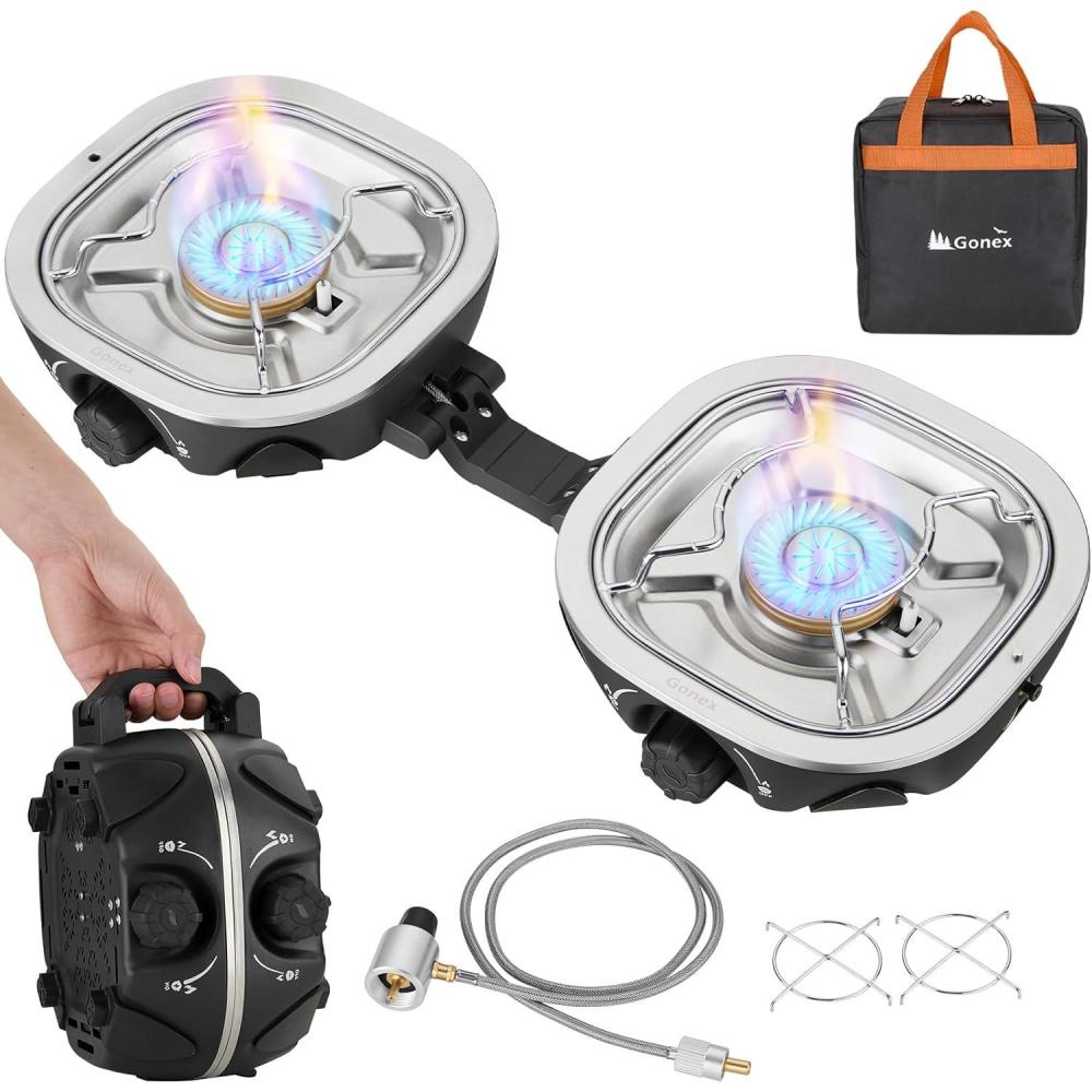 image:imageGonex AeroFlame Dual Burner 20000 BTUs Propane Camping Stove with Precision Flame Control amp Removable Pot Stands Portable Folding Camp Stove for Camping Hiking Patio BBQArmy GreenBlack