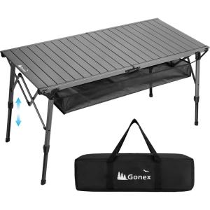 Gonex 50″ Camping Table with Adjustable Height Legs for Uneven Ground, Portable Folding Aluminum Roll Up Table with Mesh Pocket for Camping, Picnic, BBQ, Cooking