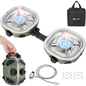 Gonex AeroFlame Dual Burner 20,000 BTUs Propane Camping Stove with Precision Flame Control & Removable Pot Stands, Portable Folding Camp Stove for Camping, Hiking, Patio, BBQ(Army Green)(Army Green)