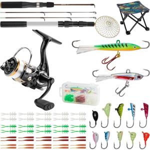 Gonex Ice Fishing Rod Reel Combo Medium Light Carbon Fiber Fiberglass Portable Complete Kit Include Skimmer Spare Rod Spinning Ice Fishing Reel Ice Jig Folding Stool for Winter Fishing(30in  Medium Light)