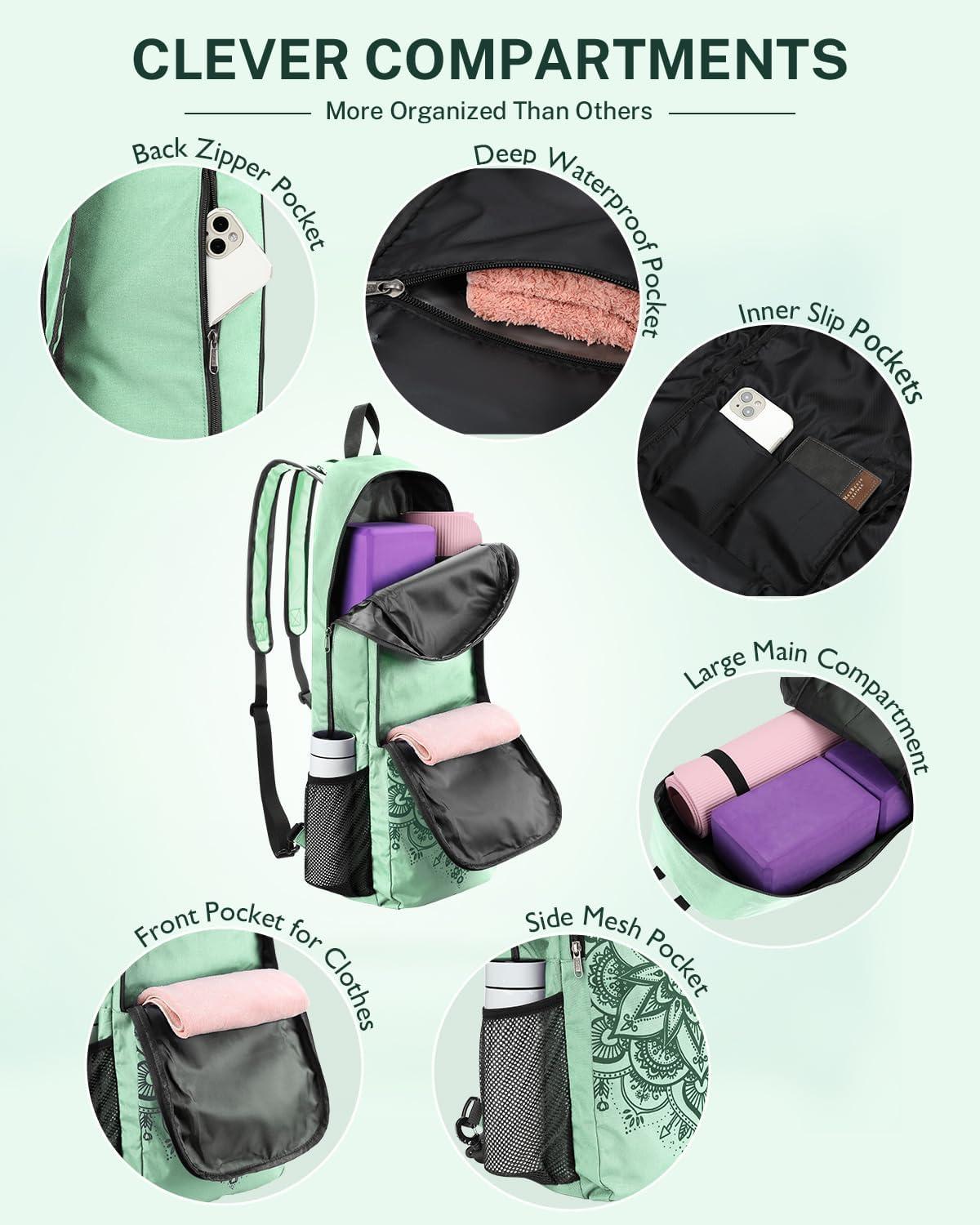 image:imageGonex Yoga Mat Bag 2 Carry Ways Yoga Backpack with Wet Compartment Metal Zippers for Women Men Large Capacity Yoga Mat Carrier for Yoga Gym TravelGreen