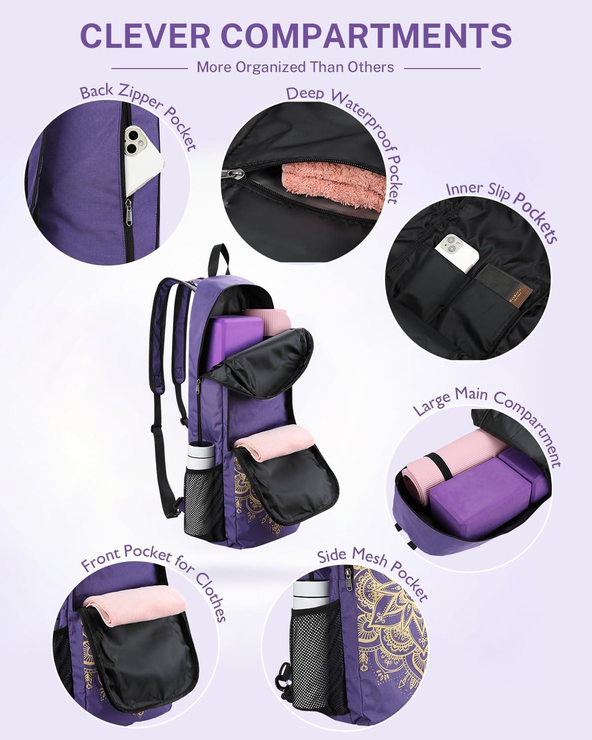 image:imageGonex Yoga Mat Bag 2 Carry Ways Yoga Backpack with Wet Compartment Metal Zippers for Women Men Large Capacity Yoga Mat Carrier for Yoga Gym TravelPurple