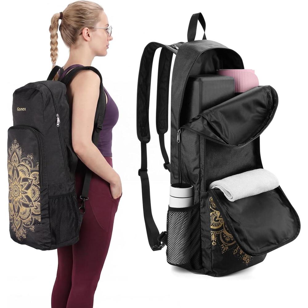 image:imageGonex Yoga Mat Bag 2 Carry Ways Yoga Backpack with Wet Compartment Metal Zippers for Women Men Large Capacity Yoga Mat Carrier for Yoga Gym TravelBlack