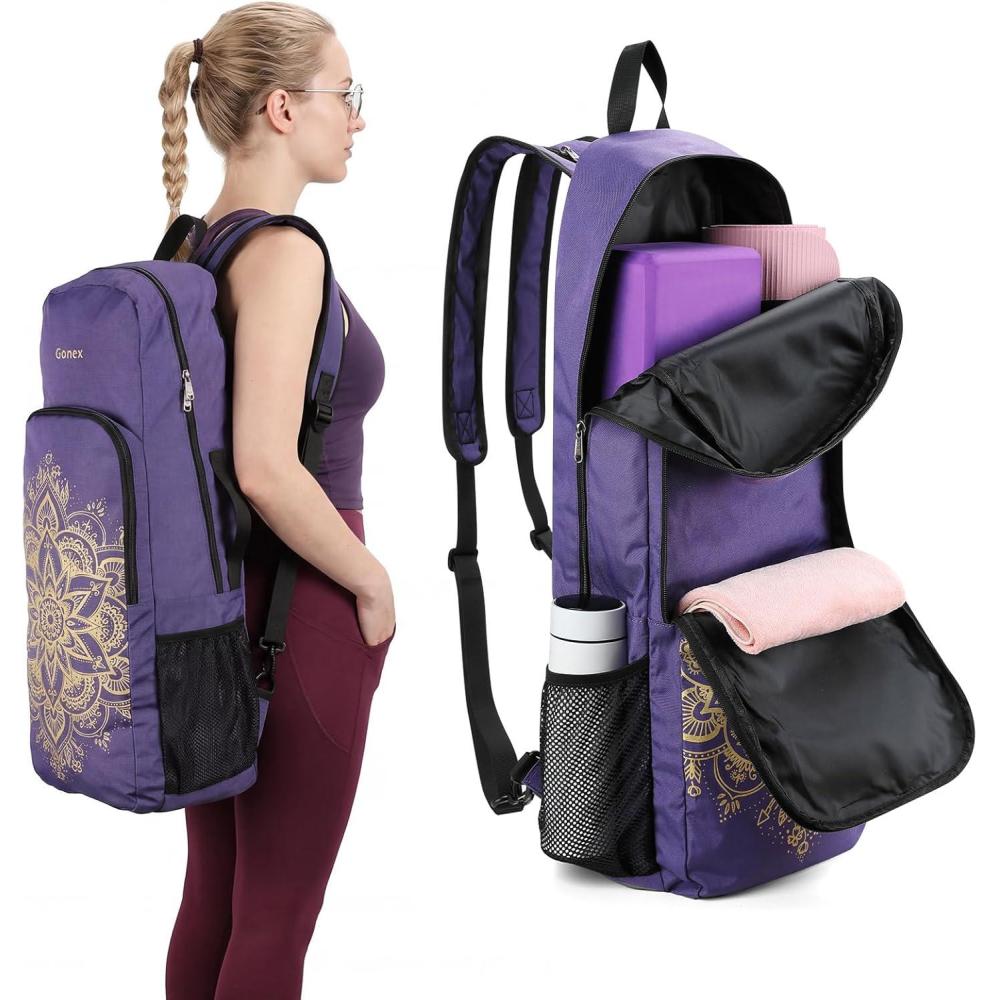 image:imageGonex Yoga Mat Bag 2 Carry Ways Yoga Backpack with Wet Compartment Metal Zippers for Women Men Large Capacity Yoga Mat Carrier for Yoga Gym TravelPurple