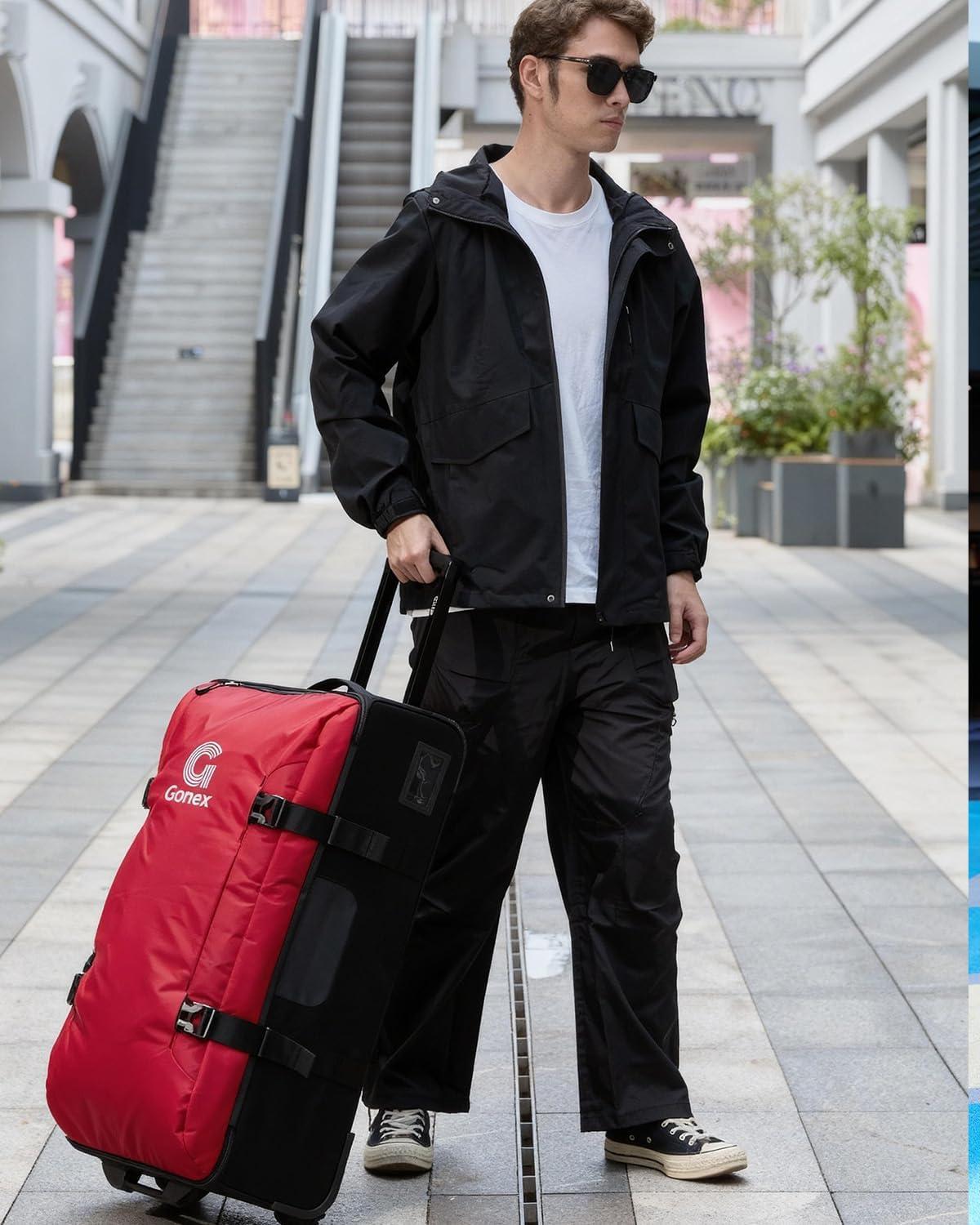 image:imageGonex Rolling Duffle Bag with Wheels Waterrepellent 90L Nylon Large Wheeled Travel Duffel Luggage with TSA Lock amp Telescopic Handle 30 inch Dark GreenPure Red