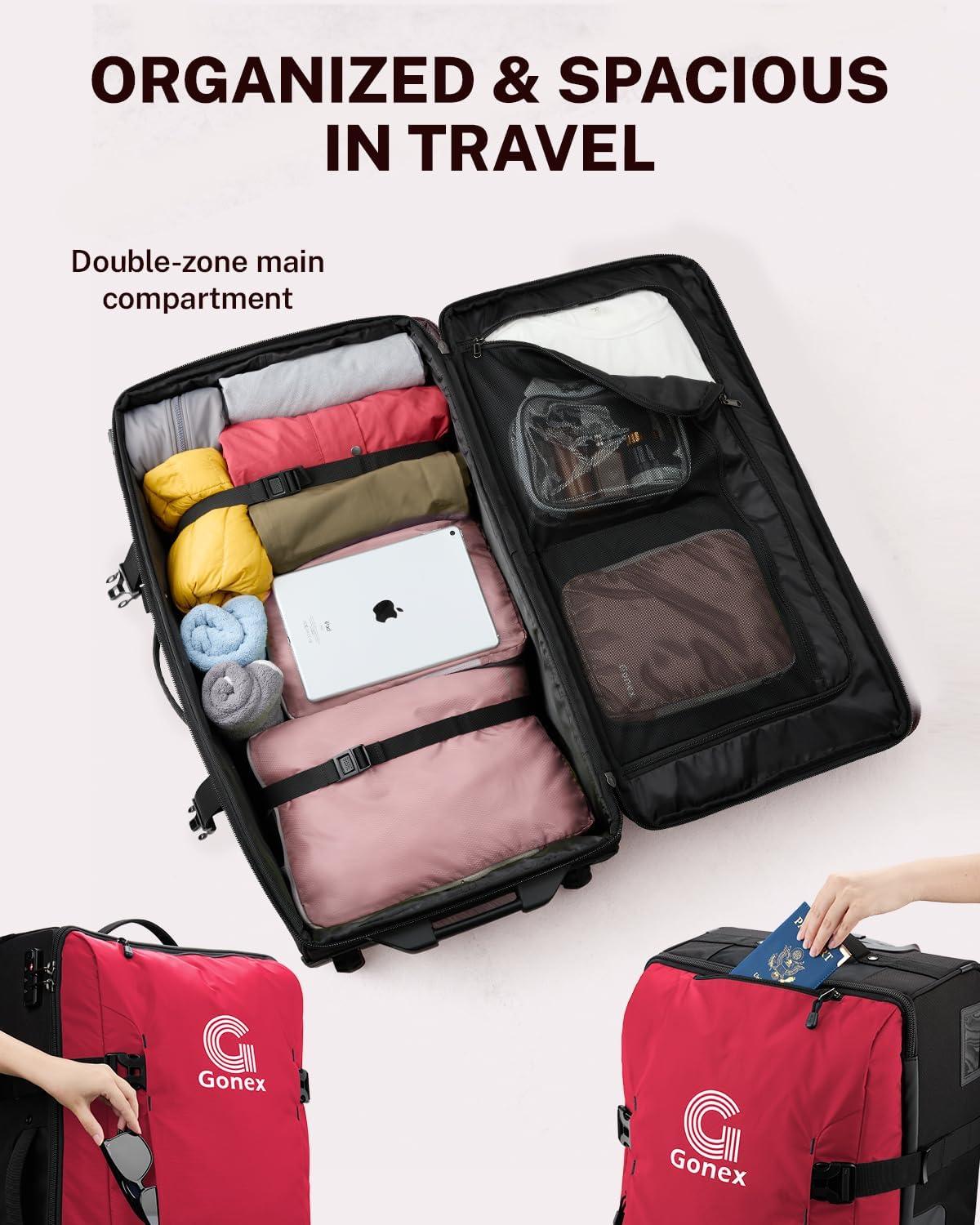 image:imageGonex Rolling Duffle Bag with Wheels Waterrepellent 90L Nylon Large Wheeled Travel Duffel Luggage with TSA Lock amp Telescopic Handle 30 inch Dark GreenPure Red