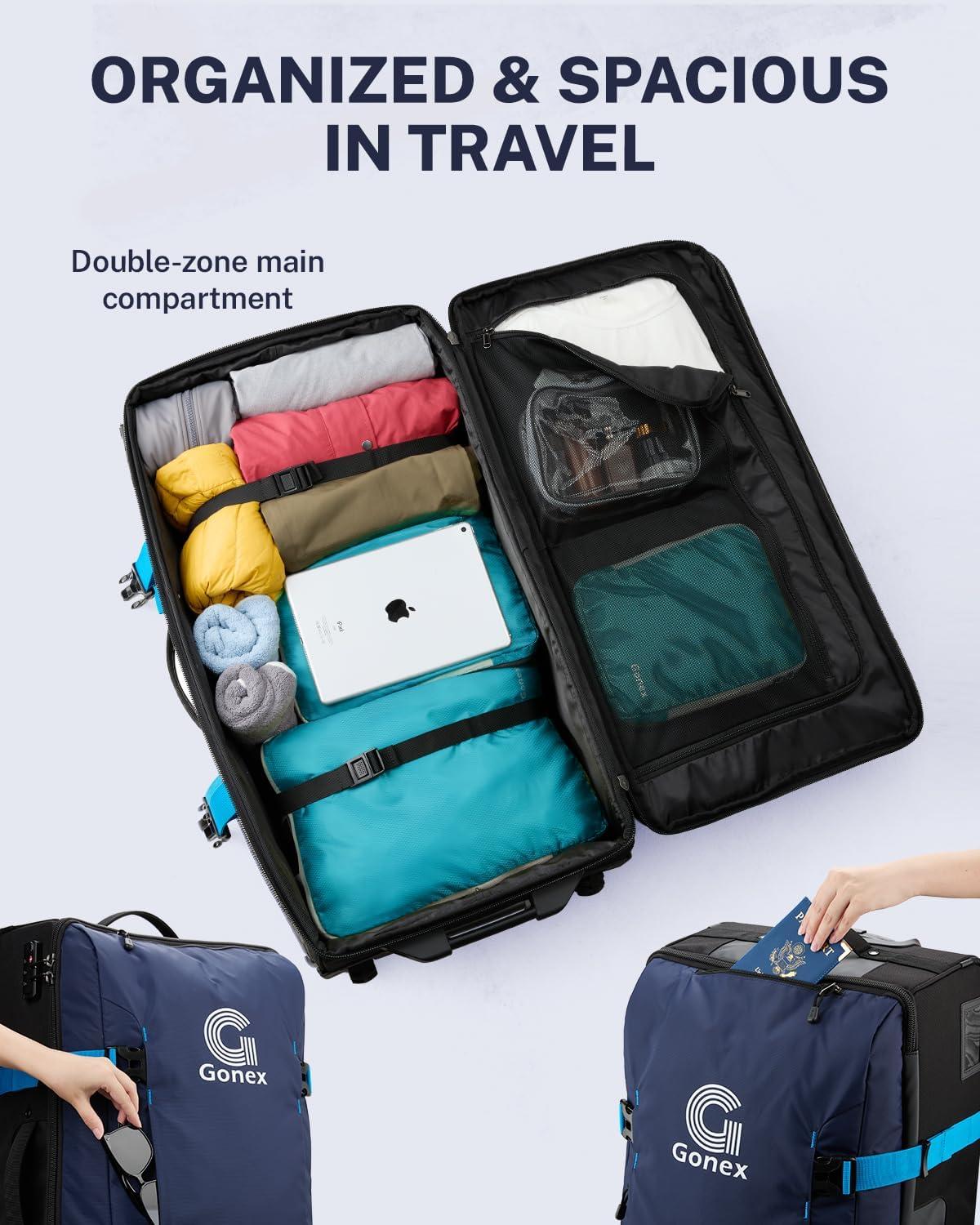 image:imageGonex Rolling Duffle Bag with Wheels Waterrepellent 90L Nylon Large Wheeled Travel Duffel Luggage with TSA Lock amp Telescopic Handle 30 inch Dark GreenDark Blue