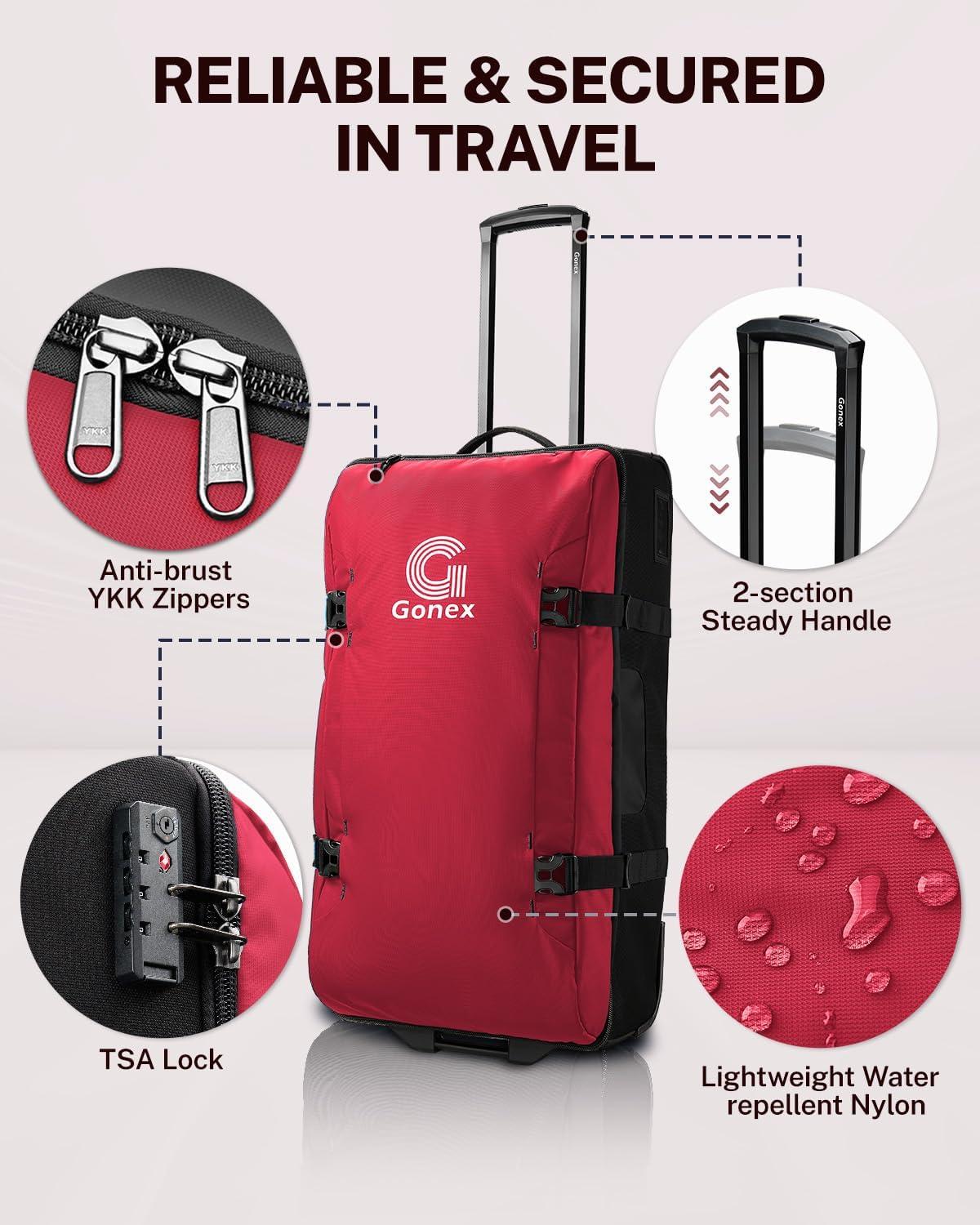 image:imageGonex Rolling Duffle Bag with Wheels Waterrepellent 90L Nylon Large Wheeled Travel Duffel Luggage with TSA Lock amp Telescopic Handle 30 inch Dark GreenPure Red