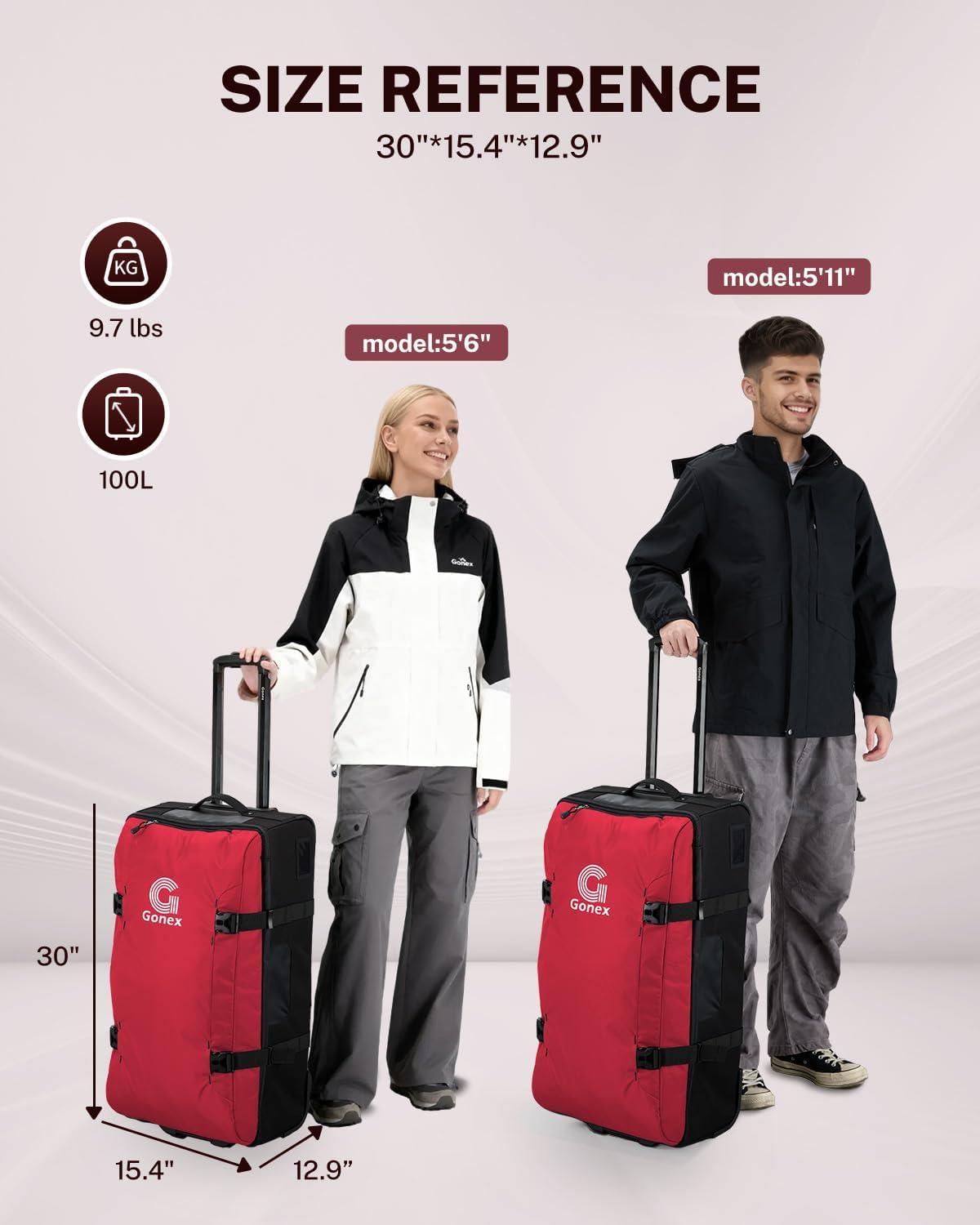 image:imageGonex Rolling Duffle Bag with Wheels Waterrepellent 90L Nylon Large Wheeled Travel Duffel Luggage with TSA Lock amp Telescopic Handle 30 inch Dark GreenPure Red