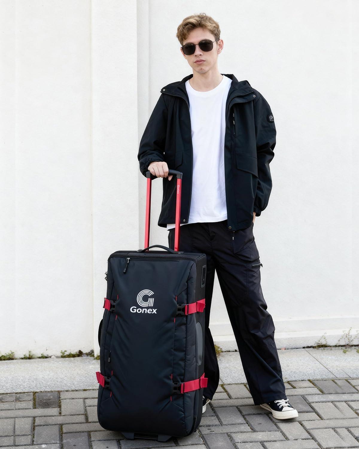 image:imageGonex Rolling Duffle Bag with Wheels Waterrepellent 90L Nylon Large Wheeled Travel Duffel Luggage with TSA Lock amp Telescopic Handle 30 inch Dark GreenBlack Red