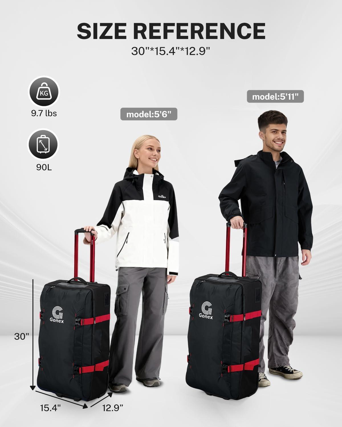 image:imageGonex Rolling Duffle Bag with Wheels Waterrepellent 90L Nylon Large Wheeled Travel Duffel Luggage with TSA Lock amp Telescopic Handle 30 inch Dark GreenBlack Red