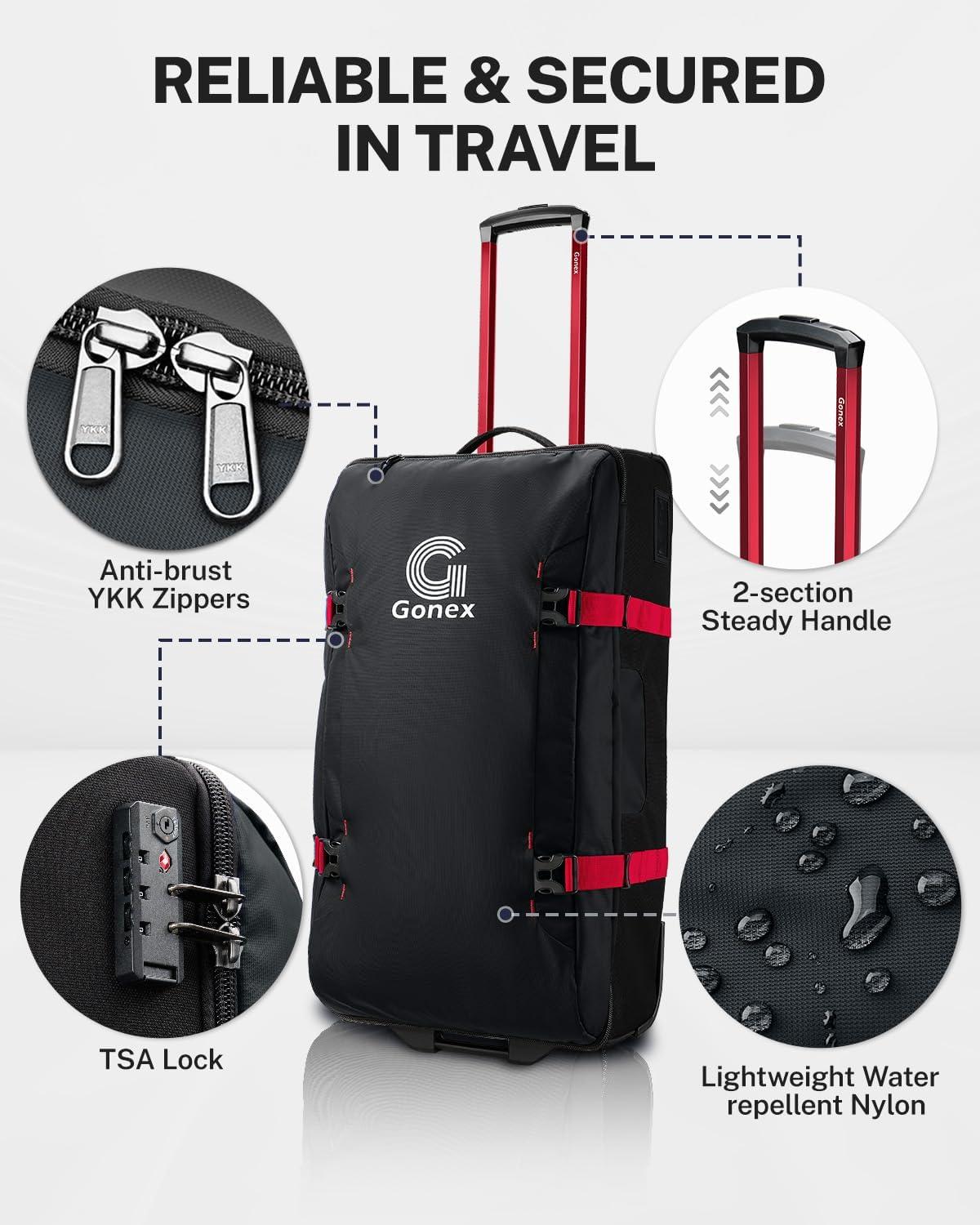 image:imageGonex Rolling Duffle Bag with Wheels Waterrepellent 90L Nylon Large Wheeled Travel Duffel Luggage with TSA Lock amp Telescopic Handle 30 inch Dark GreenBlack Red