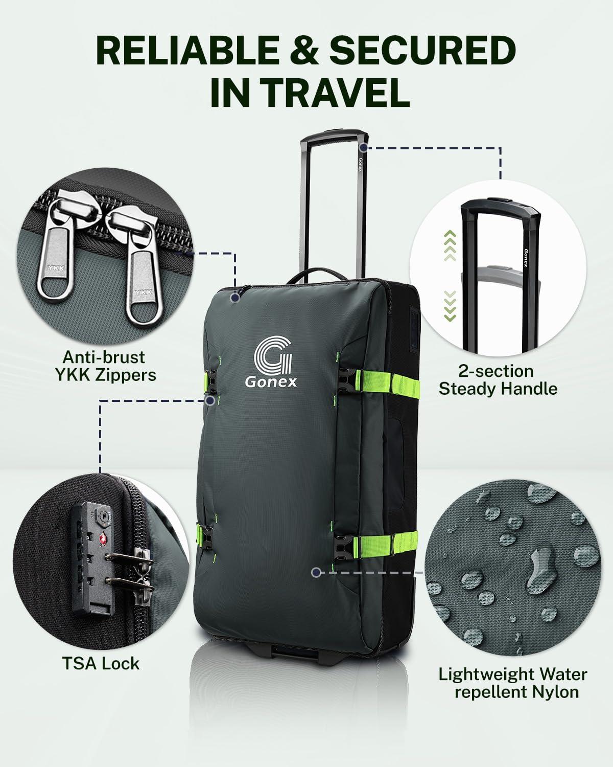 image:imageGonex Rolling Duffle Bag with Wheels Waterrepellent 90L Nylon Large Wheeled Travel Duffel Luggage with TSA Lock amp Telescopic Handle 30 inch Dark GreenDark Green