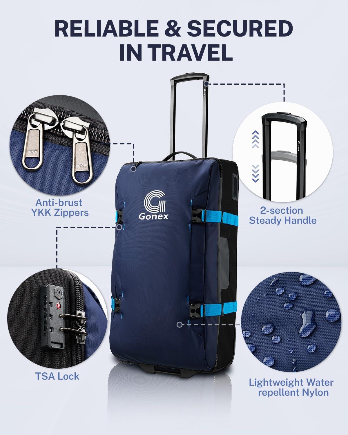image:imageGonex Rolling Duffle Bag with Wheels Waterrepellent 90L Nylon Large Wheeled Travel Duffel Luggage with TSA Lock amp Telescopic Handle 30 inch Dark GreenDark Blue