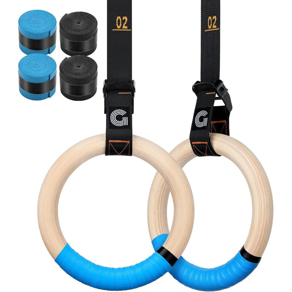 image:imageGonex Wooden Gymnastic Rings with Adjustable Number Straps Olympic Rings for Gym Workout Exercise Outdoor Training Quick Install Carabiner 85 ft Straps Pull Up NonSlip Rings32mm Birch Wooden Ring  Buckle Numbered Straps