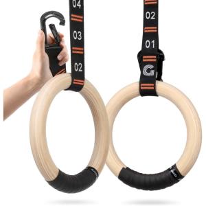 Gonex Wooden Gymnastic Rings with Adjustable Number Straps, Olympic Rings for Gym, Workout, Exercise, Outdoor Training, Quick Install Carabiner, 8.5 ft Straps Pull Up Non-Slip Rings(32mm Birch Wooden Ring & Carabiner Numbered Straps)