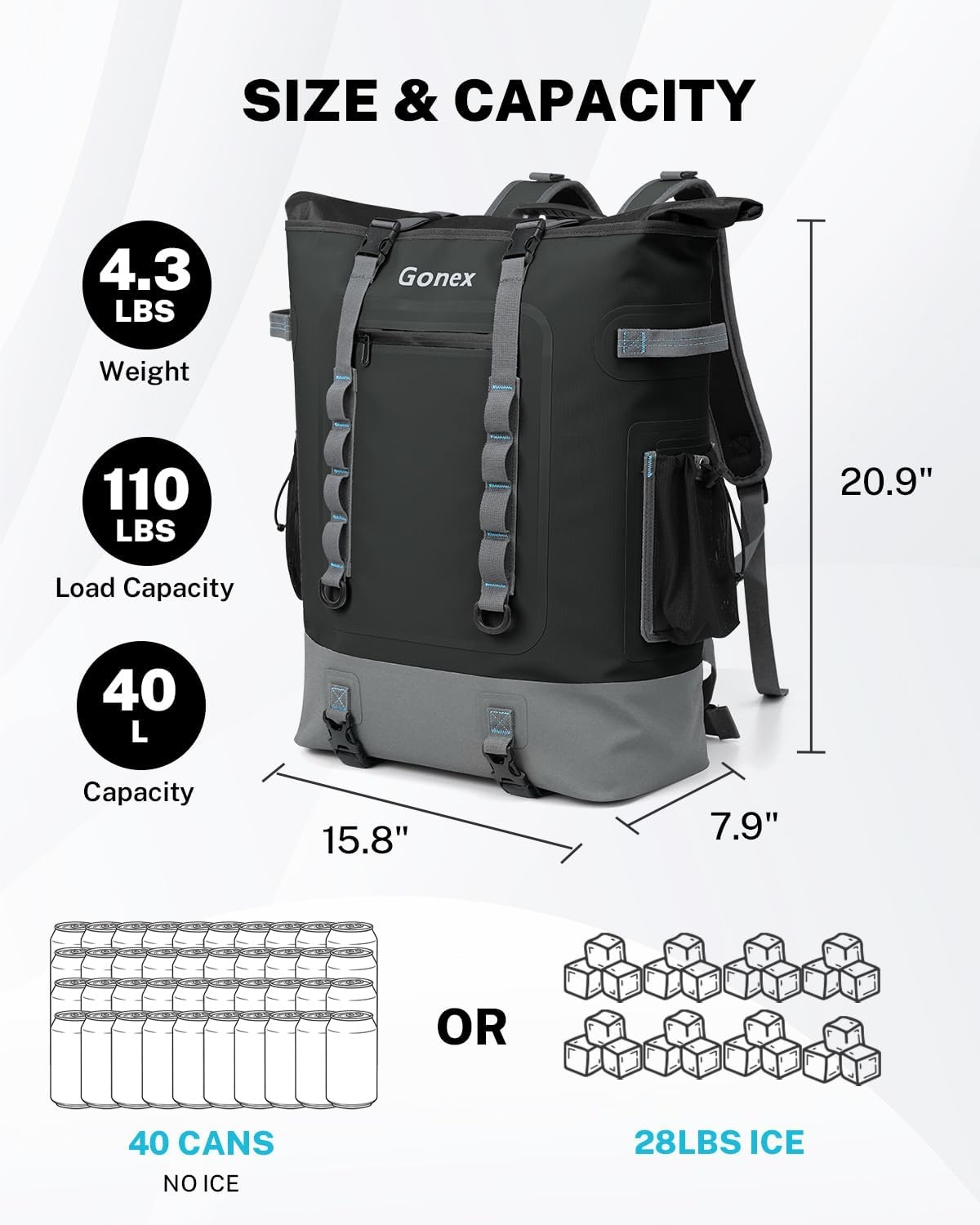 image:imageGonex Cooler Backpack 40 Can Insulated Soft Backpack Cooler Bag for Men Women Waterproof Nylon TPU Cooler Backpack for Beach Picnic Lunch and CampingBlack