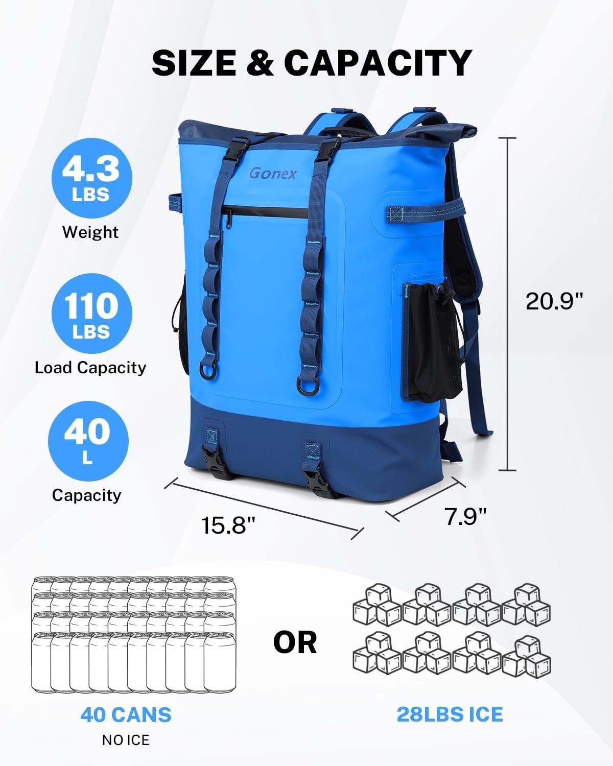 image:imageGonex Cooler Backpack 40 Can Insulated Soft Backpack Cooler Bag for Men Women Waterproof Nylon TPU Cooler Backpack for Beach Picnic Lunch and CampingBlue