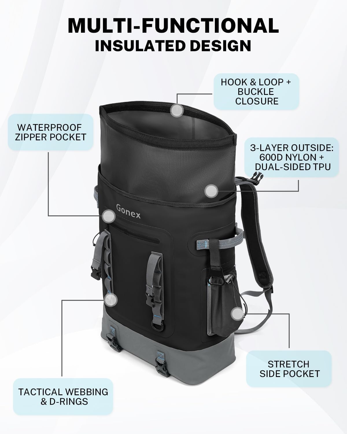 image:imageGonex Cooler Backpack 40 Can Insulated Soft Backpack Cooler Bag for Men Women Waterproof Nylon TPU Cooler Backpack for Beach Picnic Lunch and CampingBlack