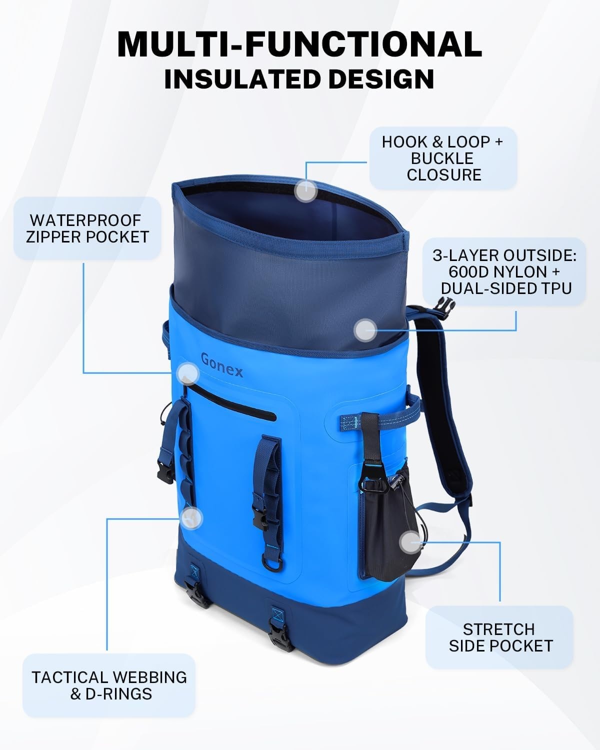 image:imageGonex Cooler Backpack 40 Can Insulated Soft Backpack Cooler Bag for Men Women Waterproof Nylon TPU Cooler Backpack for Beach Picnic Lunch and CampingBlue
