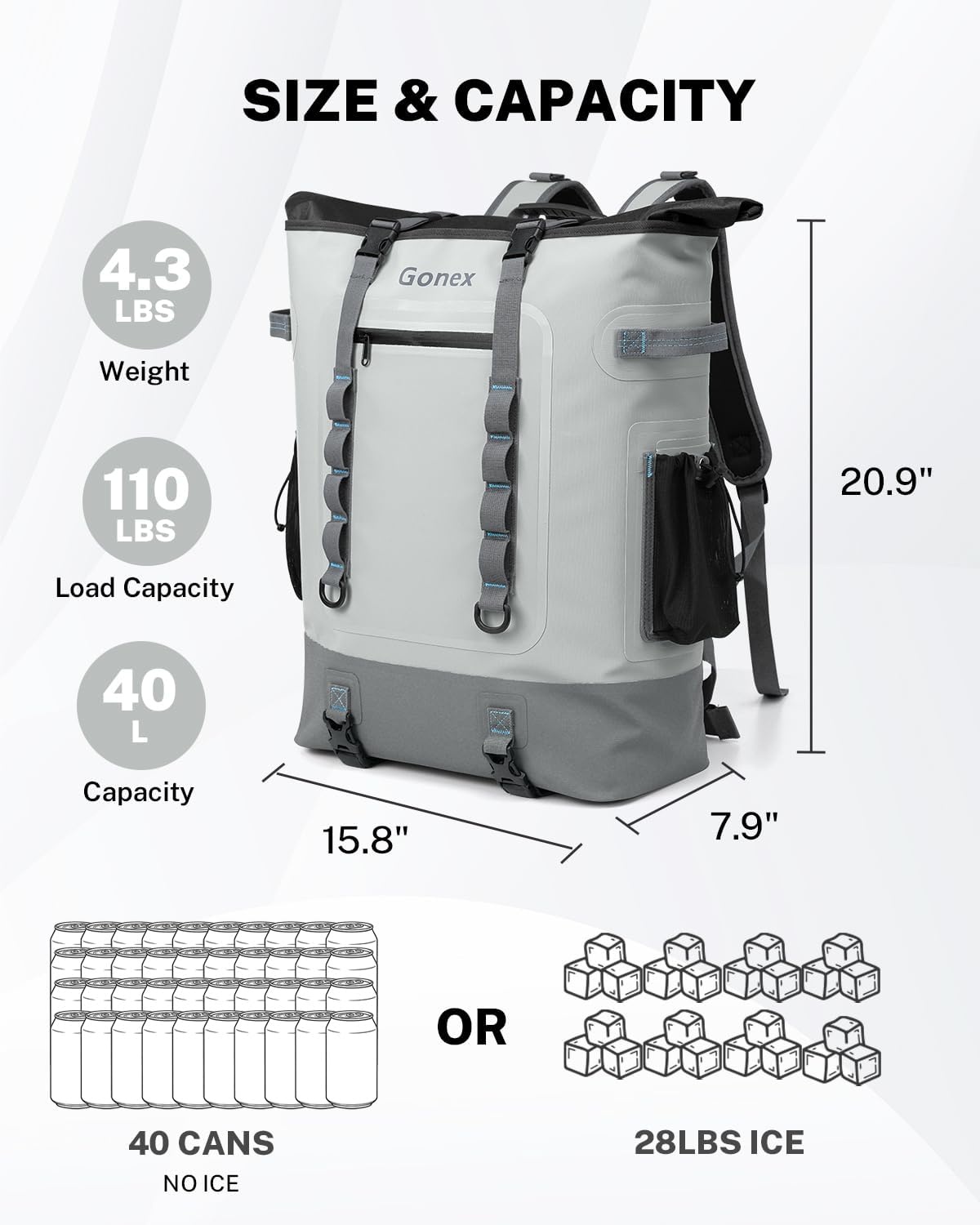 image:imageGonex Cooler Backpack 40 Can Insulated Soft Backpack Cooler Bag for Men Women Waterproof Nylon TPU Cooler Backpack for Beach Picnic Lunch and CampingLight Gray