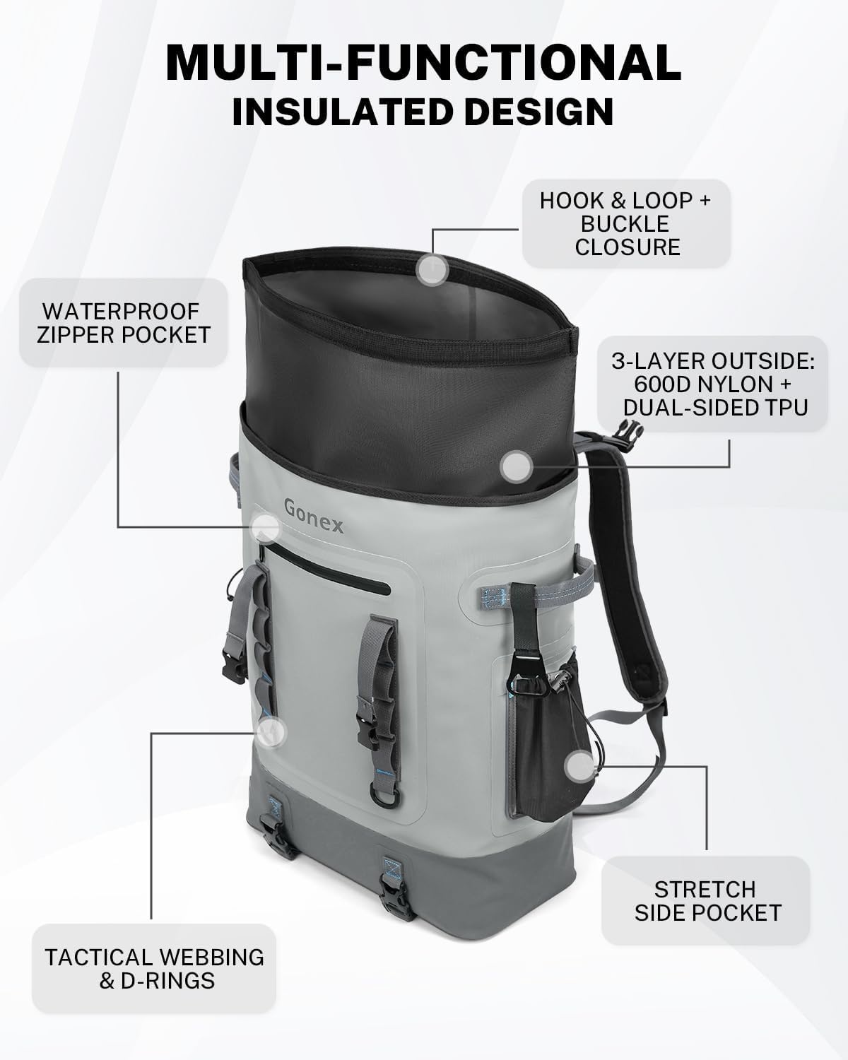 image:imageGonex Cooler Backpack 40 Can Insulated Soft Backpack Cooler Bag for Men Women Waterproof Nylon TPU Cooler Backpack for Beach Picnic Lunch and CampingLight Gray