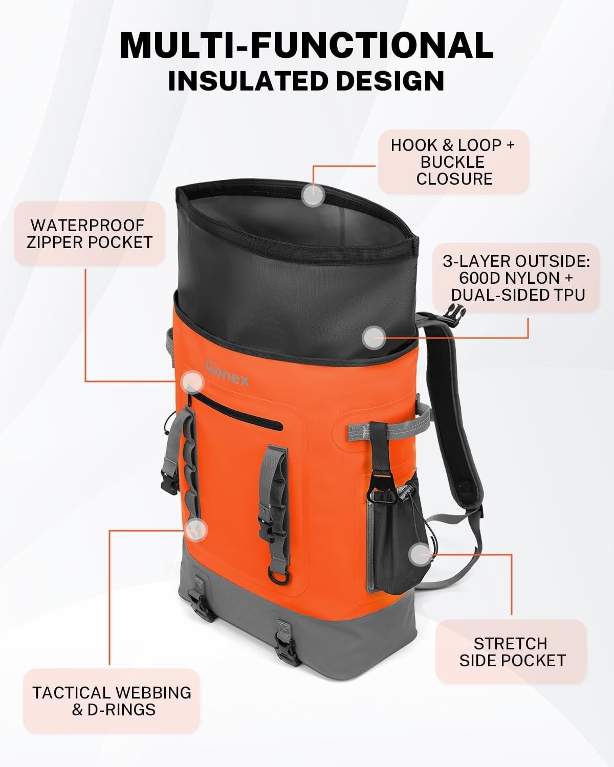 image:imageGonex Cooler Backpack 40 Can Insulated Soft Backpack Cooler Bag for Men Women Waterproof Nylon TPU Cooler Backpack for Beach Picnic Lunch and CampingOrange