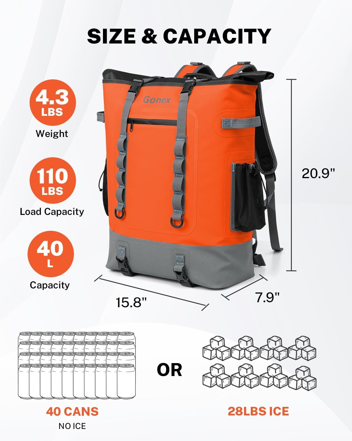 image:imageGonex Cooler Backpack 40 Can Insulated Soft Backpack Cooler Bag for Men Women Waterproof Nylon TPU Cooler Backpack for Beach Picnic Lunch and CampingOrange