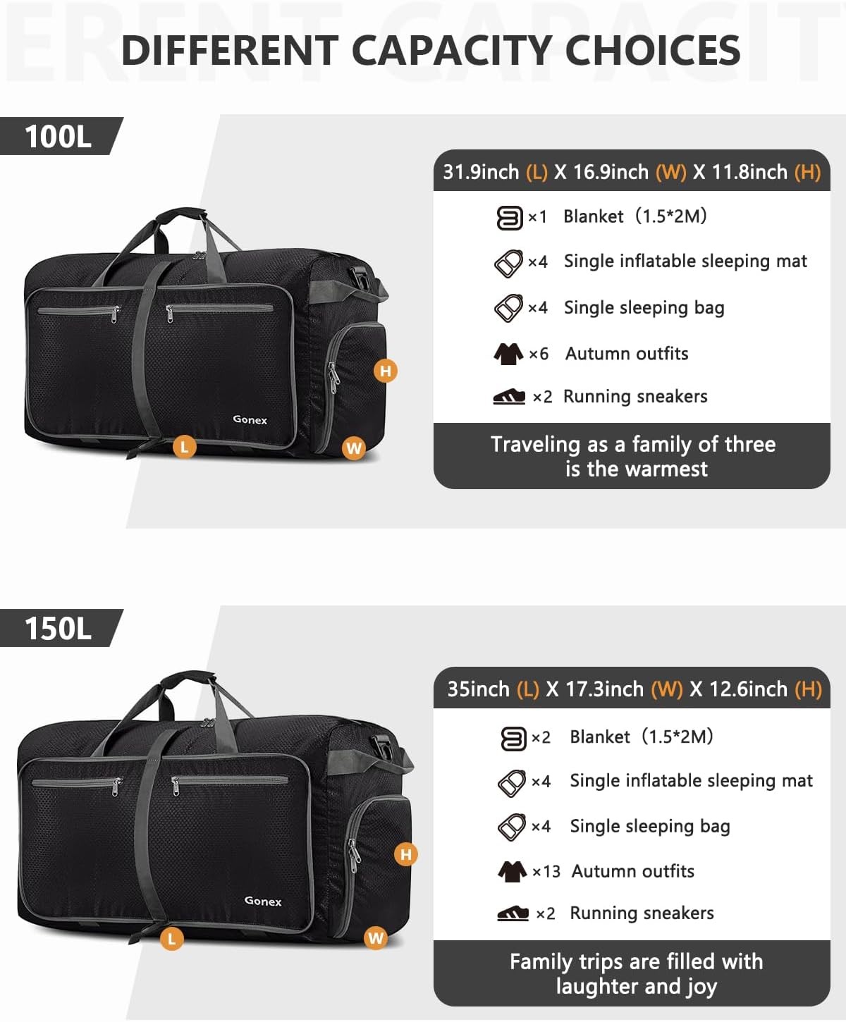 image:imageGonex Large Foldable Travel Duffle Bag with Shoes Compartment Packable Lightweight Water Repellent Duffel Bag for Camping Gym Weekender BagBlack