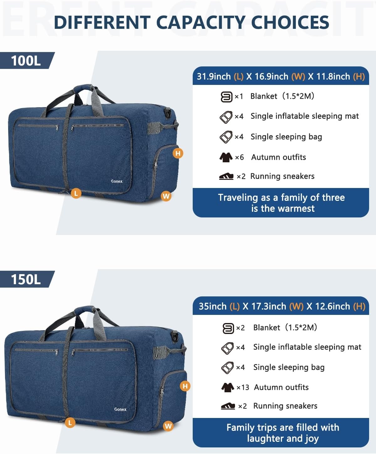 image:imageGonex Large Foldable Travel Duffle Bag with Shoes Compartment Packable Lightweight Water Repellent Duffel Bag for Camping Gym Weekender BagDark Blue