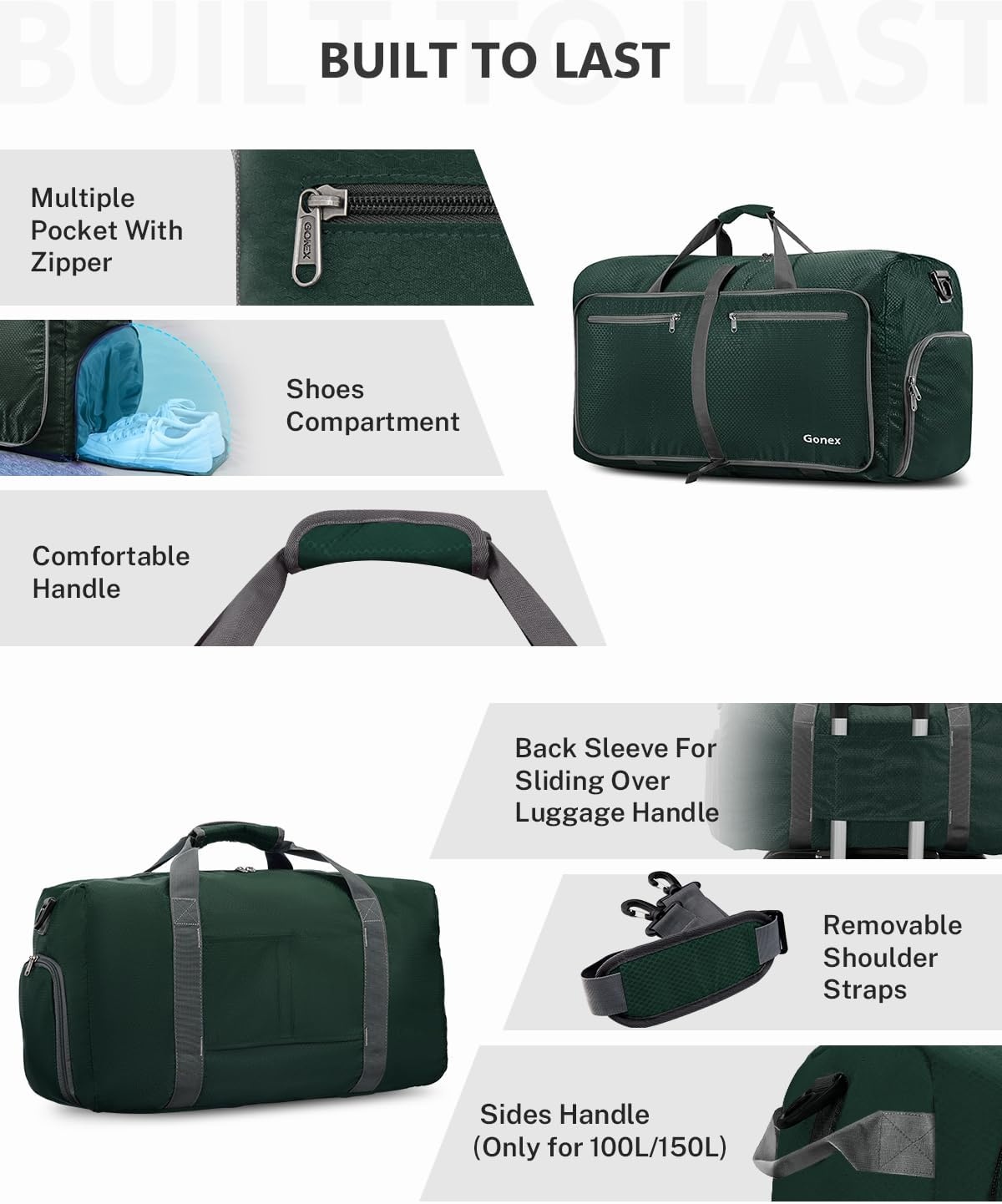 image:imageGonex Large Foldable Travel Duffle Bag with Shoes Compartment Packable Lightweight Water Repellent Duffel Bag for Camping Gym Weekender BagDark Green