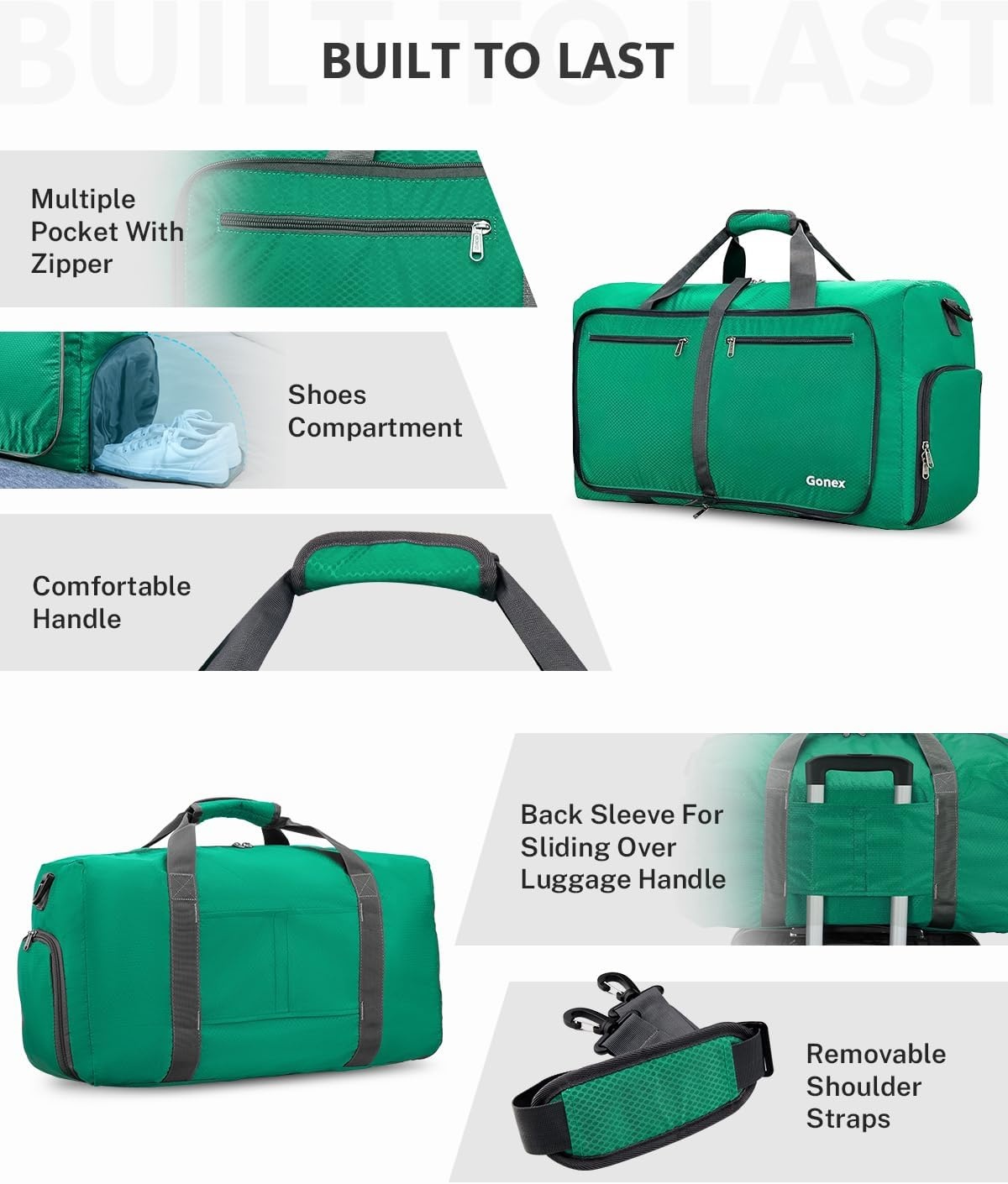 image:imageGonex Large Foldable Travel Duffle Bag with Shoes Compartment Packable Lightweight Water Repellent Duffel Bag for Camping Gym Weekender BagMint Green
