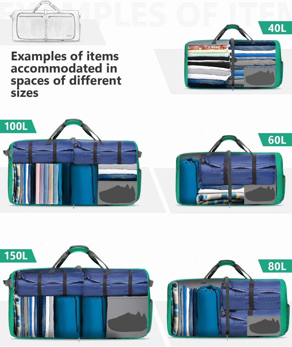 image:imageGonex Large Foldable Travel Duffle Bag with Shoes Compartment Packable Lightweight Water Repellent Duffel Bag for Camping Gym Weekender BagMint Green