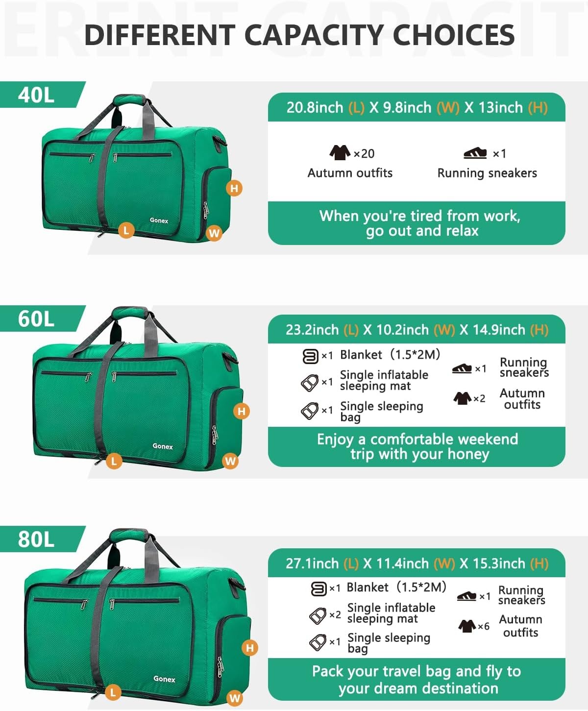 image:imageGonex Large Foldable Travel Duffle Bag with Shoes Compartment Packable Lightweight Water Repellent Duffel Bag for Camping Gym Weekender BagMint Green