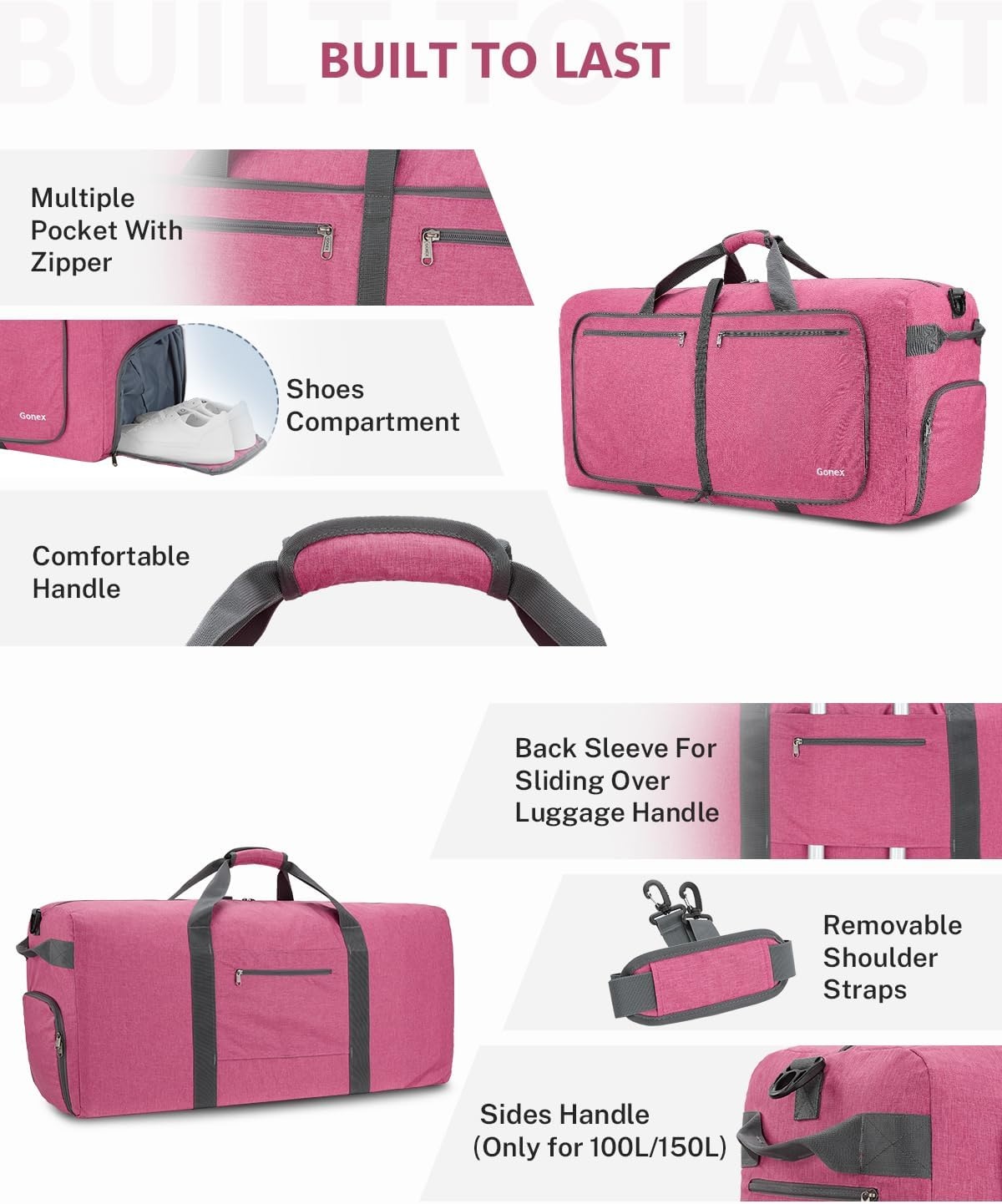 image:imageGonex Large Foldable Travel Duffle Bag with Shoes Compartment Packable Lightweight Water Repellent Duffel Bag for Camping Gym Weekender BagPink