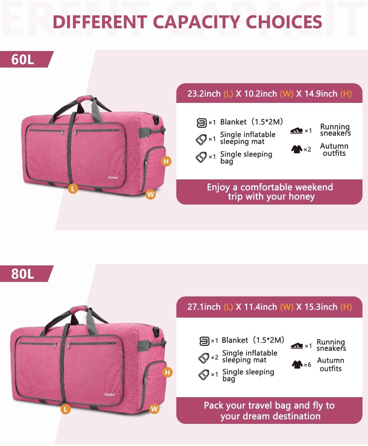 image:imageGonex Large Foldable Travel Duffle Bag with Shoes Compartment Packable Lightweight Water Repellent Duffel Bag for Camping Gym Weekender BagPink